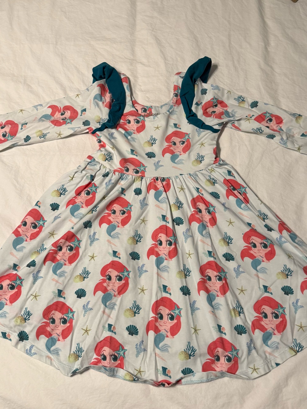 Monica + Andy Girls' White Dress with Teal Ruffle and Coral Mermaid Print